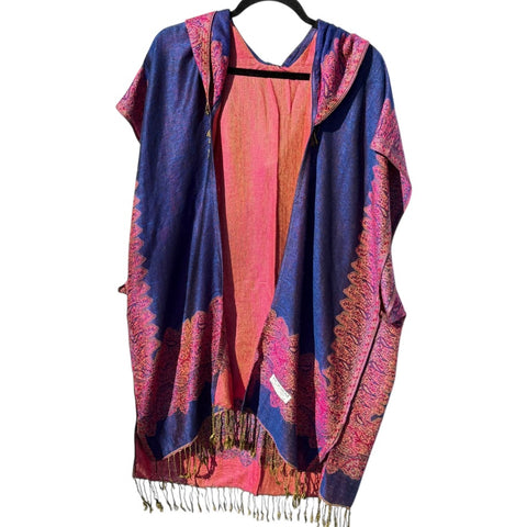 PASHMINA HOODED KIMONO - Purple & Fuschia